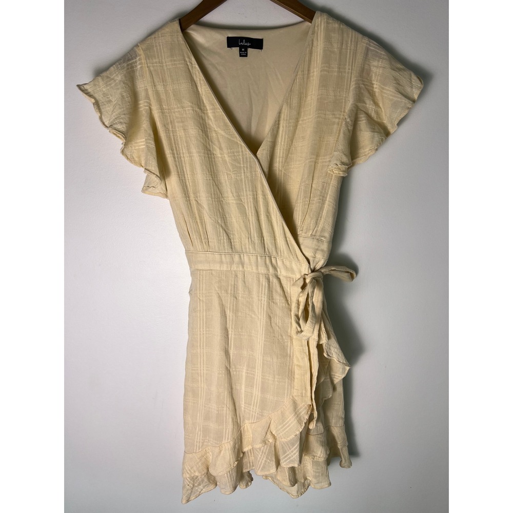 Lulus M Wrap Dress Cottagecore Cream Ruffle Sleeve V-Neck Mini Plaid Feminine